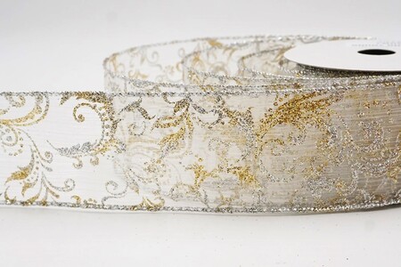 White Glitter Filigree Scroll Sheer Ribbon_KW0453G-1